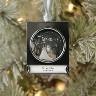 Erstes Weihnachten Verheiratet Herr und Frau Paarf Banner-Ornament Silber