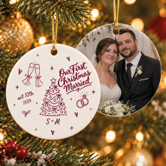 Erstes Weihnachten Verheiratet Hochzeitsfoto Burgu Keramik Ornament