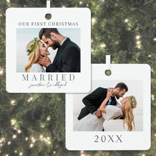 Erstes Weihnachten Verheiratet Kalligrafie Foto Ornament Aus Metall