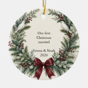Erstes Weihnachten Verheiratet Tauben und Burgunde Keramik Ornament
