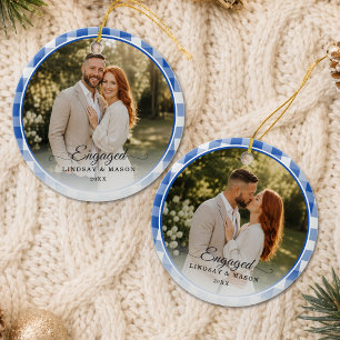 Erstes Weihnachten Verlobt 2 Foto Blau Gingham Keramik Ornament
