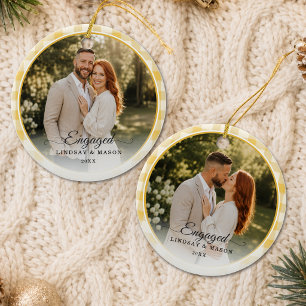 Erstes Weihnachten Verlobt 2 Foto Gelb Gingham Keramik Ornament