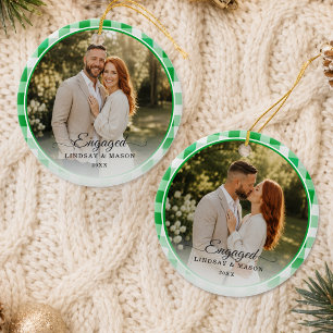 Erstes Weihnachten Verlobt 2 Foto Grün Gingham Keramik Ornament