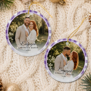 Erstes Weihnachten Verlobt 2 Foto Lila Gingham Keramik Ornament