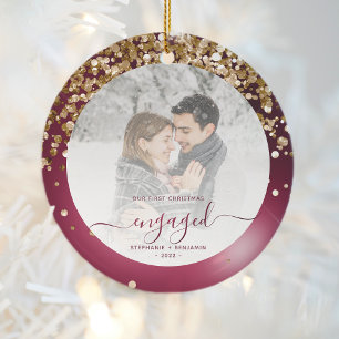 Erstes Weihnachten verlobt Foto Burgund Gold Keramik Ornament