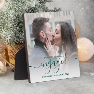 Erstes Weihnachten verlobt Foto Teal Blau Schrift Fotoplatte