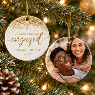 Erstes Weihnachten verlobt Gold Glitter Schrift Fo Keramik Ornament