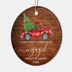 Erstes Weihnachten Verlobt Lastwagen Holz FOTO Keramik Ornament