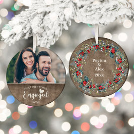 Erstes Weihnachten Verlobt Rustikales Jute Foto Keramik Ornament