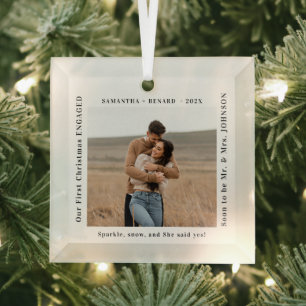 Erstes Weihnachten verlobtes Paar Foto Ornament Aus Glas