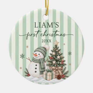 Erstes Weihnachten von Stripes als süßer Schneeman Keramik Ornament