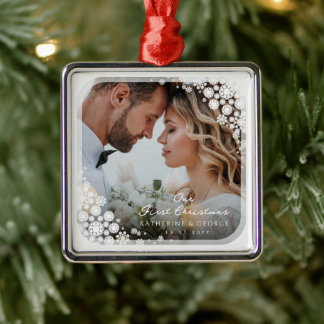 Erstes Weihnachten Weiße Schneeflocken Rahmen Foto Ornament Aus Metall