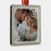 Erstes Weihnachten Weiße Schneeflocken Rahmen Foto Ornament Aus Metall (Rechts)