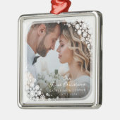 Erstes Weihnachten Weiße Schneeflocken Rahmen Foto Ornament Aus Metall (Links)