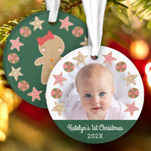 Erstes Weihnachts-Baby-Foto Lebkuchen-Mädchen Grün Ornament