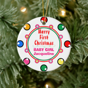 Erstes Weihnachts-Baby-Mädchen Geometrisch Rot Grü Keramik Ornament