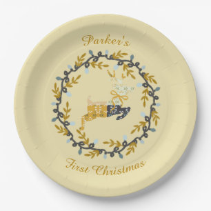Erstes Weihnachts-Hirsch mit Kranz Softgelb  Pappteller