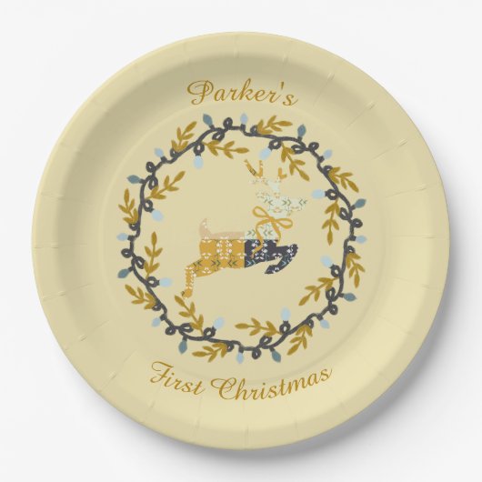 Erstes Weihnachts-Hirsch mit Kranz Softgelb Pappteller (Vorderseite)