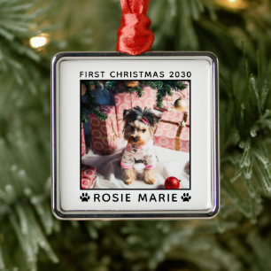 Erstes Weihnachts-Hund-Foto Name Pfotenabdrücke Be Ornament Aus Metall