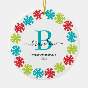 Erstes Weihnachts-Monogramm Baby Name Xmas Kranz  Keramik Ornament