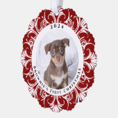 Erstes Weihnachts-Red-Dog-Foto Ornament Karte (Links)