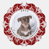 Erstes Weihnachts-Red-Dog-Foto Ornament Karte (Vorderseite)