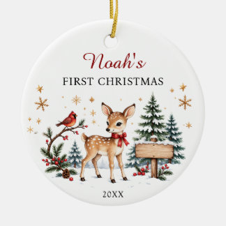 Erstes Weihnachts-Rentier- und Weihnachtsbaum-Foto Keramik Ornament