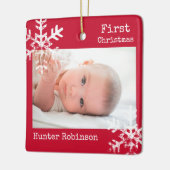 Erstes Weihnachts-Rotes Foto mit Schneeflocken Keramikornament (Links)
