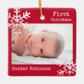 Erstes Weihnachts-Rotes Foto mit Schneeflocken Keramikornament (Vorderseite)