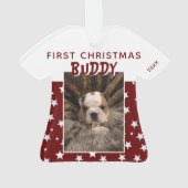 Erstes Weihnachts-Rotstern-Muster Welpen-Hund-Foto Ornament (Rückseite)