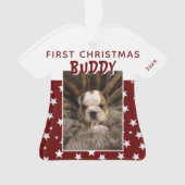 Erstes Weihnachts-Rotstern-Muster Welpen-Hund-Foto Ornament (Vorderseite)