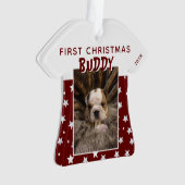 Erstes Weihnachts-Rotstern-Muster Welpen-Hund-Foto Ornament (Vorderseite)