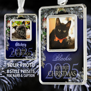 Erstes Weihnachts-Tierfoto-Andenken, Schwarz-Blau Rahmen-Ornament Silber