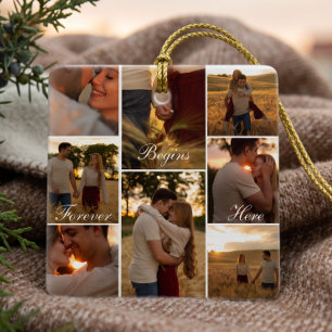 Erstes Weihnachts-Verlobungsfoto-Collage-Andenken Keramikornament