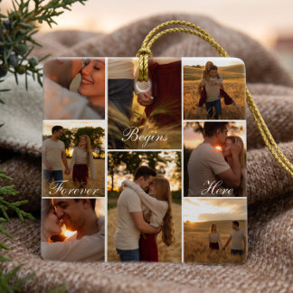 Erstes Weihnachts-Verlobungsfoto-Collage-Andenken Keramikornament