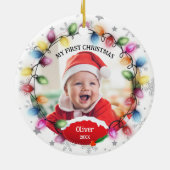 Erstes Weihnachtsbaby 2-seitig mit zwei Fotos Keep Keramik Ornament (Hinten)