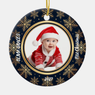 Erstes Weihnachtsbaby-Foto-Hirsch-Geburtsdetails Keramik Ornament