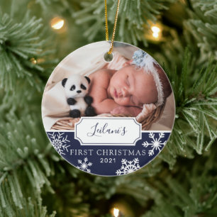Erstes Weihnachtsbaby-Foto Navy Blau Keramik Ornament