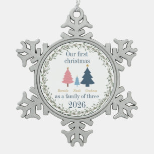 Erstes Weihnachtsbaby rosa und blaue Bäume Schneeflocken Zinn-Ornament