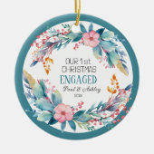 Erstes Weihnachtsblumendatum Verlobtes Foto Keramik Ornament (Vorne)