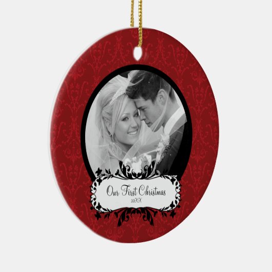Erstes Weihnachtsfest Foto Ornament Red Damask (Rechts)