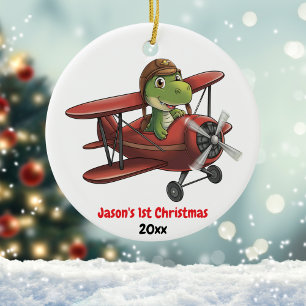 Erstes Weihnachtsflugzeug und Dinosaurier-Pilot Cu Keramik Ornament