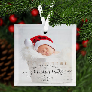 Erstes Weihnachtsfoto der Großeltern in schwarzer Ornament Aus Glas