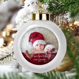 Erstes Weihnachtsfoto der Großeltern mit weißer Sc Keramik Kugel-Ornament