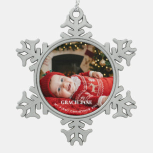 Erstes Weihnachtsfoto des neuen Babys Schneeflocken Zinn-Ornament