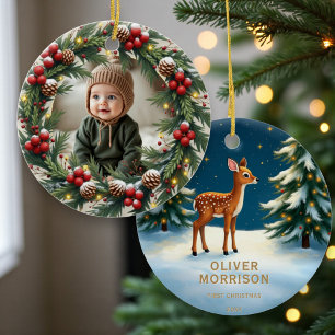 Erstes Weihnachtsfoto im Wald Keramik Ornament