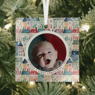 Erstes Weihnachtsfoto Rote Festliche Häuser Feiert Ornament Aus Glas