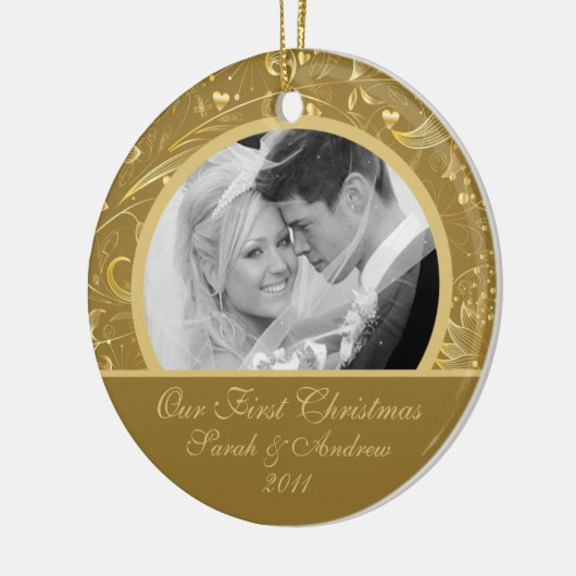 Erstes WeihnachtsFoto-Verzierungs-Gold mit Blumen Keramikornament (Links)