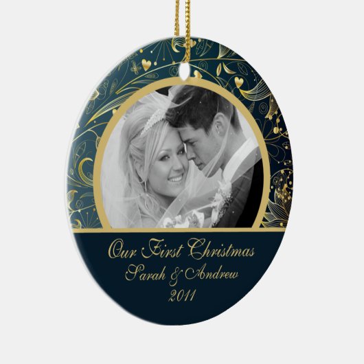 Erstes WeihnachtsFoto-Verzierungs-Goldblumenblau Keramikornament (Rechts)