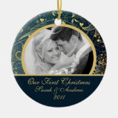 Erstes WeihnachtsFoto-Verzierungs-Goldblumenblau Keramikornament (Vorne)